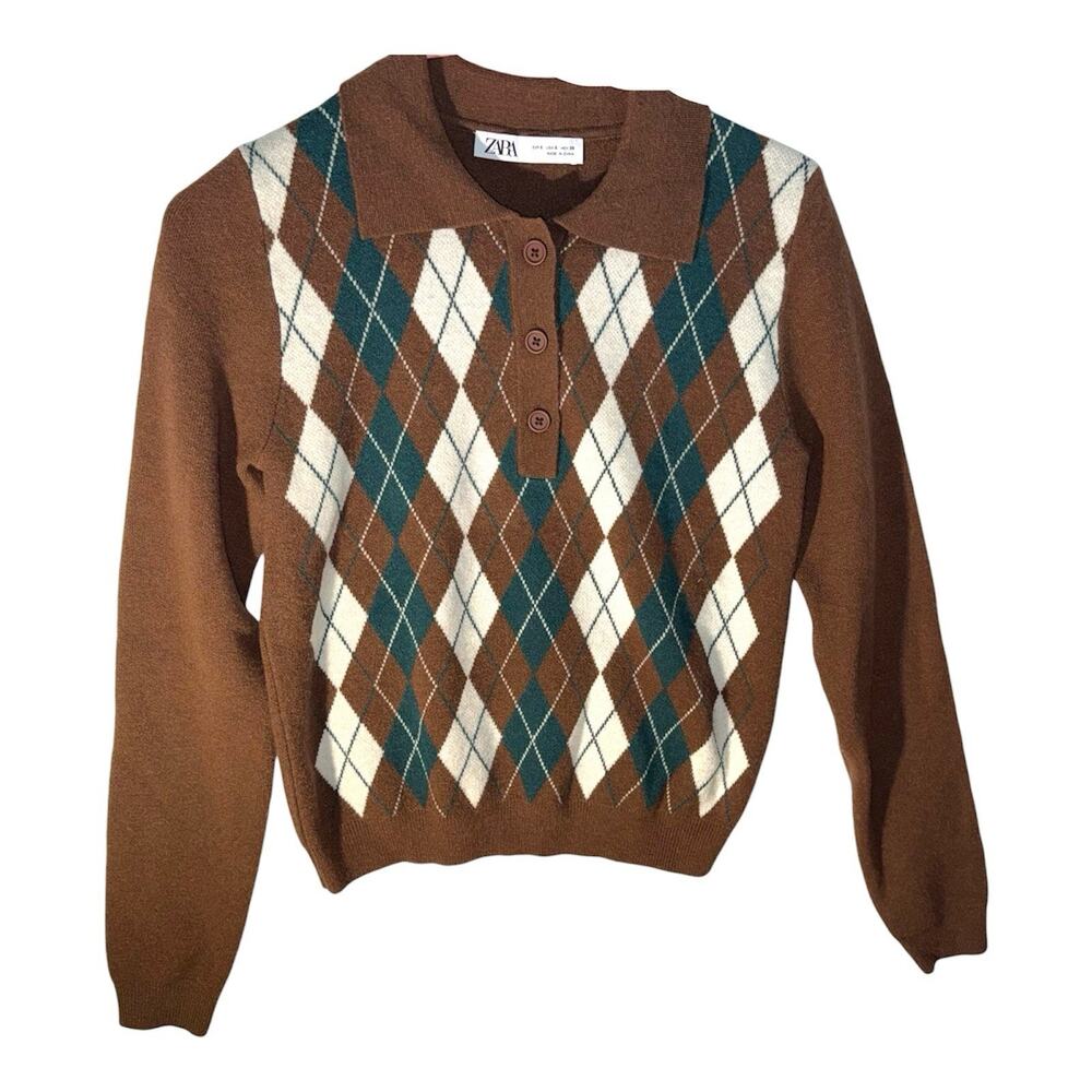 Zara Argyle Collared Button Front Knit Sweater Brown Cardigan Size Small